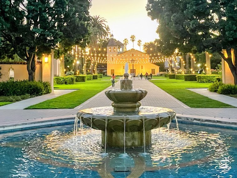 Santa Clara campus fountain at sunset